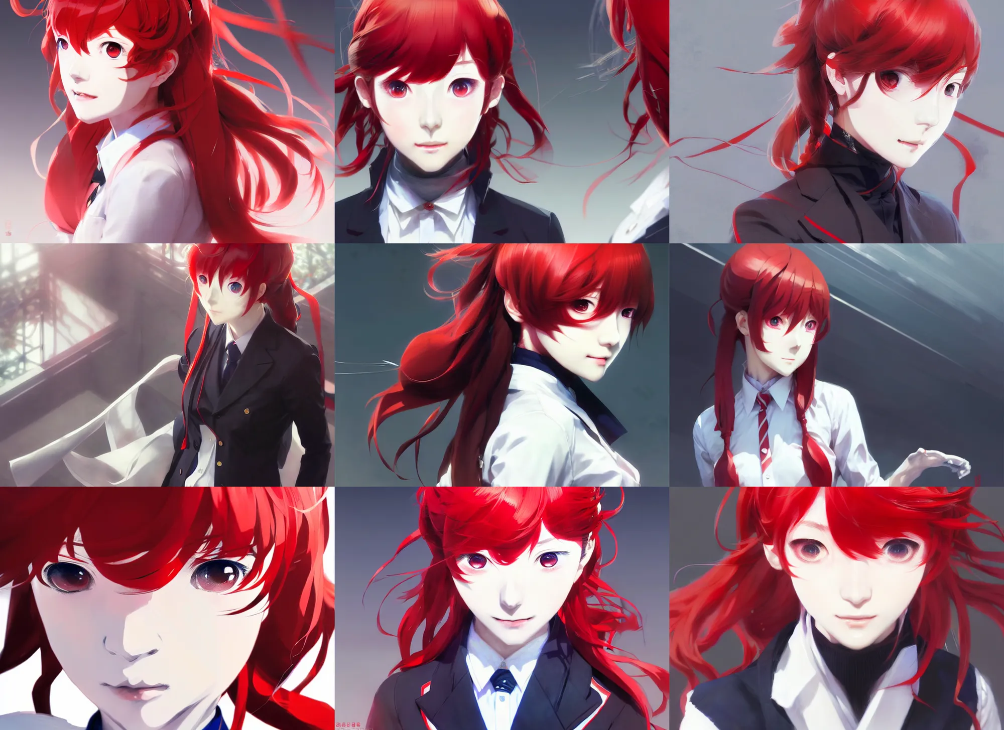 Prompt: kasumi yoshizawa from persona 5 anime, red hair, white school uniform, intricate, sharp focus, illustration, highly detailed, digital painting, concept art, matte, art by ruan jia and wlop and greg rutkowski, masterpiece