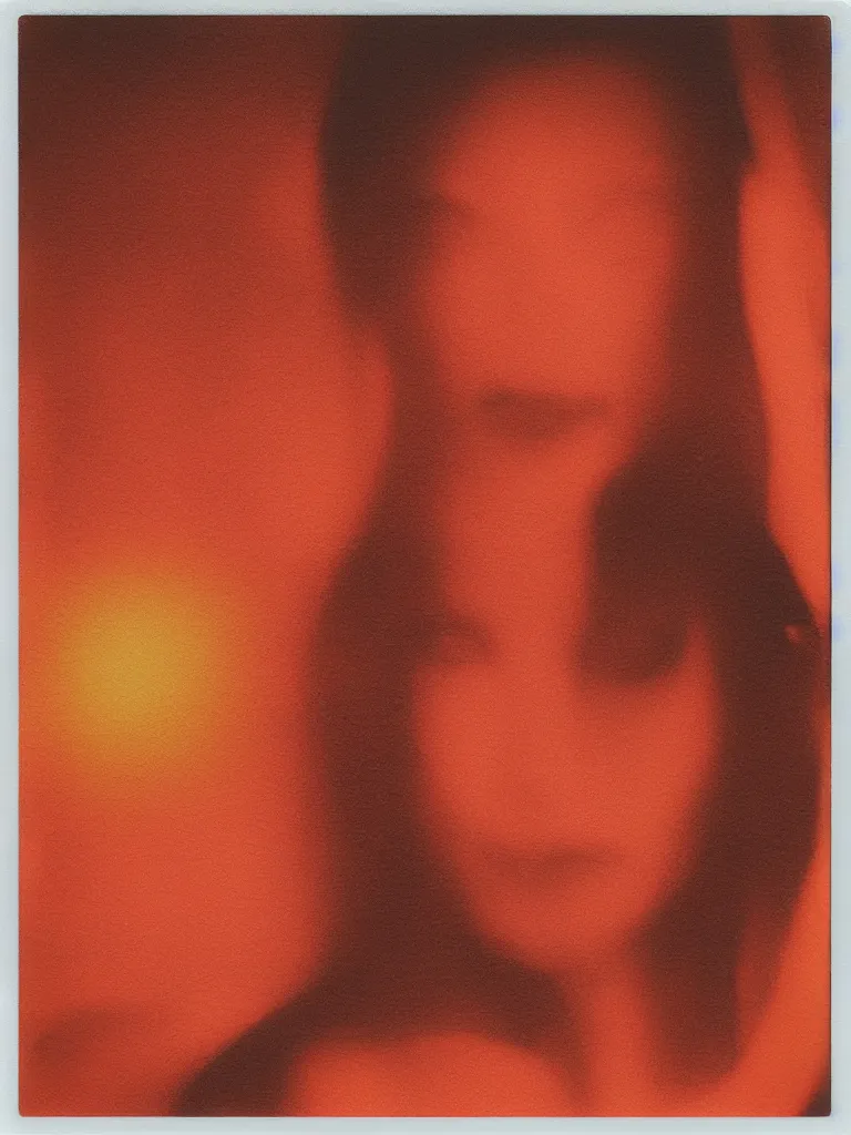 Image similar to a woman's face in the water, serene emotion, new polaroid, glitchy patterns, hazy, red, orange, yellow, soft lighting