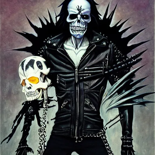 Image similar to a portrait of the grim reaper as a punk rocker playing an electric guitar, punk, skeleton face, mohawk, dark, fantasy, leather jackets, spiked collars, spiked wristbands, piercings, boots, ultrafine detailed painting by frank frazetta and vito acconci and michael whelan and takeshi obata, death note style, oil on canvas, symetric body