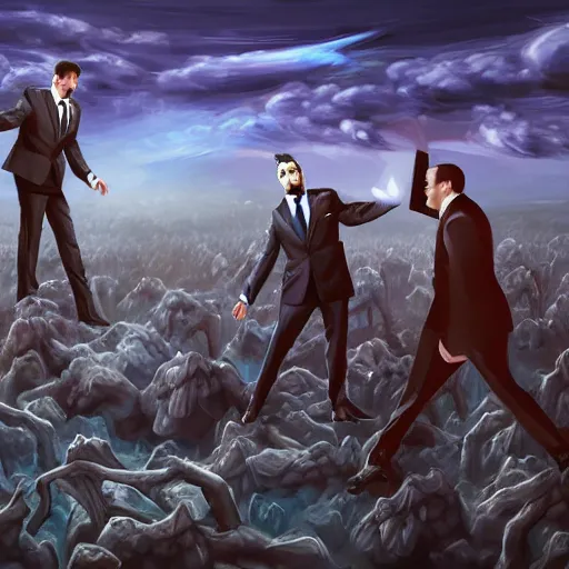 Prompt: comedian in suit and tie performing in a battle-field, stand-up comedian, dead laughing bodies on the ground, nuclear cloud in the far horizon, fantasy, intricate, highly detailed, digital painting, trending on artstation, concept art, smooth, sharp focus