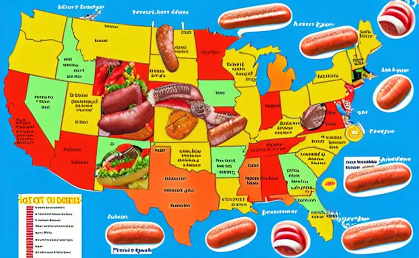 Image similar to hot dogs across america map, detailed, map key, tourist map, brochure