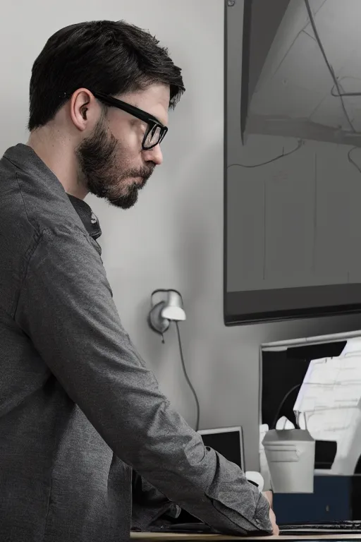 Prompt: a tired man with glasses in an office in front of a computer from distance silhouette, professional digital illustration, best of behance, trending on artstation, digital art, crepuscular ray, cinematic lighting 8 k,