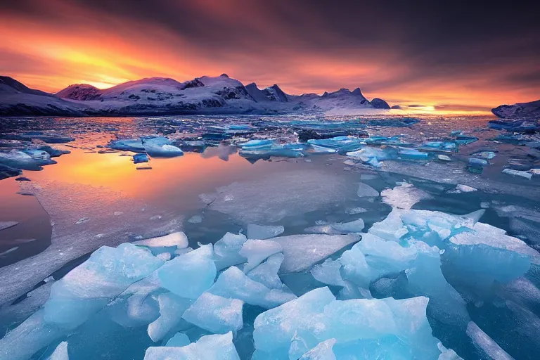 Image similar to moody landscape photography by marc adamus, greenland, sunset, ice