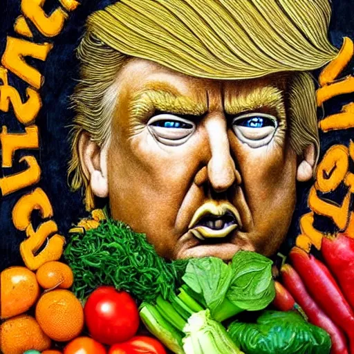 Image similar to highly detailed painting of donald trump made of vegetables, by giuseppe arcimboldo