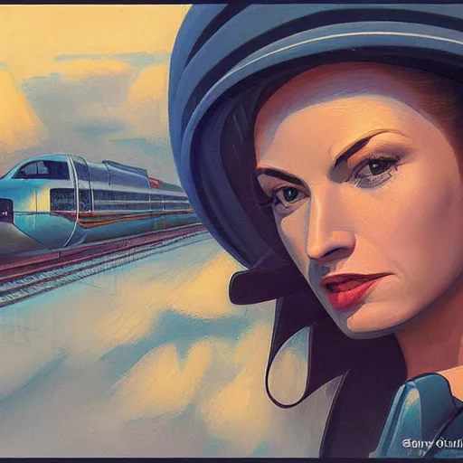 Image similar to detailed face of a woman, clockwork, moment, tectonic sky, skydome, bullet train, turbines, utopian, tech noir, wet reflections, prism, atmospheric, ambient, pj crook, syd mead, livia prima, greg rutkowski, edward hopper