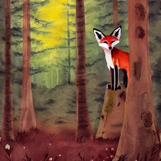 Image similar to fox in a forest by kevin finney blindfish, watercolor, painting, pastel colours, illustration