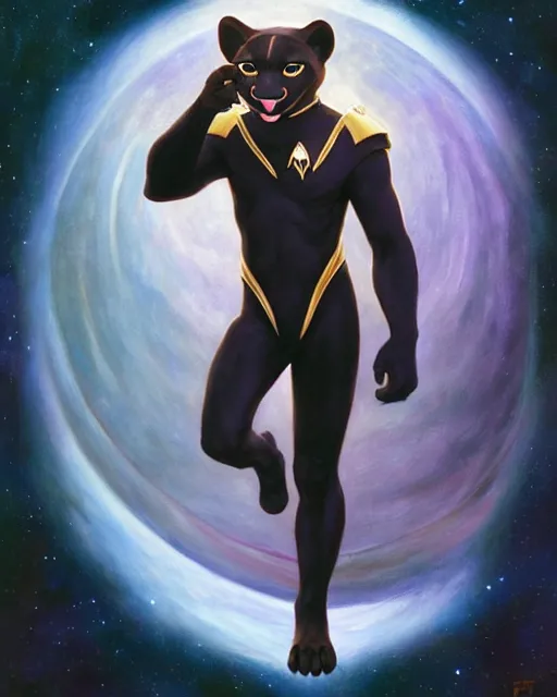 Image similar to painting of anthromorphic male panther in starfleet uniform, star trek, zootopia, fursona, furaffinity, 4 k, deviantart, furry art, very expressive detailed face, gaston bussiere, craig mullins, jc leyendecker, gustav klimt, artgerm, greg rutkowski, alphonse mucha