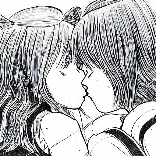 Image similar to portrait of two girls kissing, detailed manga art