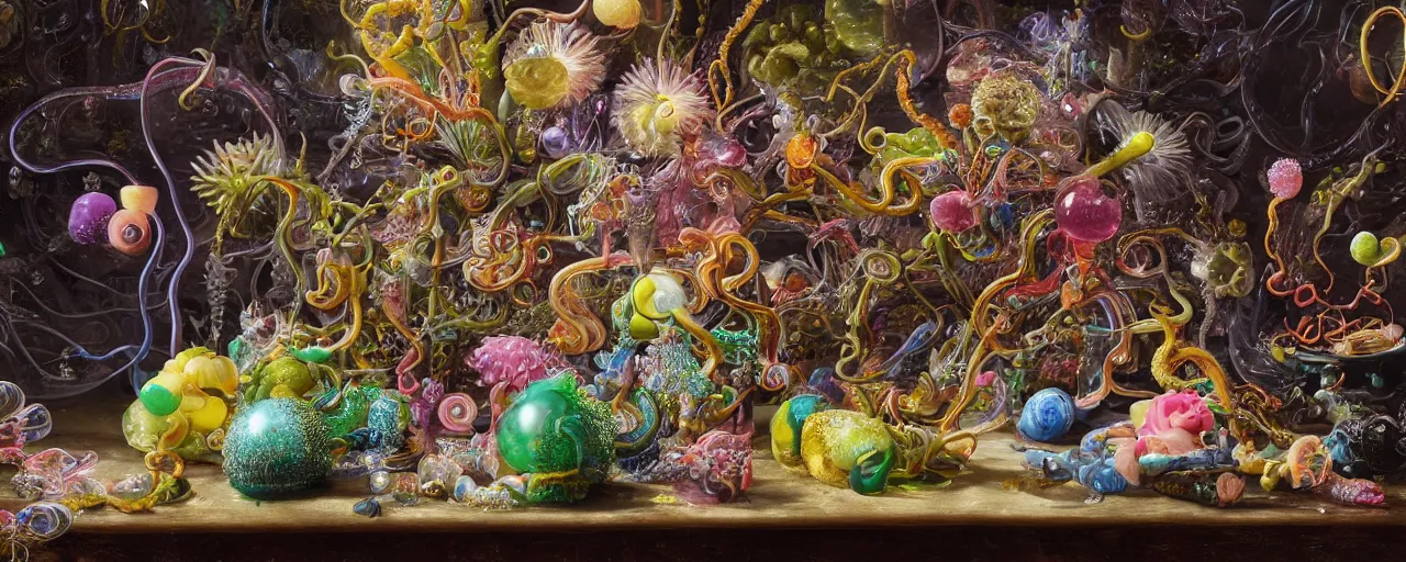 Prompt: ultradetailed photorealistic still life with jelly flowers by ernst haeckel, jan brueghel, james jean and salvador dalí, slime and tentacles, wide angle, minimalistic cinematic composition, octane render, bokeh, unreal engine, 4k, 3d render