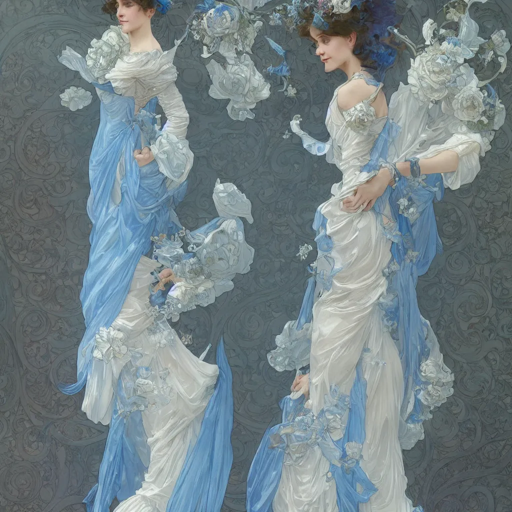 Image similar to lady dressed in a vaporous wrapped large victorian cream roses silk semi-transparent blue and cream dress fashion is running D&D, fantasy, intricate, elegant, highly detailed, digital painting, artstation, concept art, matte, sharp focus, illustration, art by and Alphonse Mucha