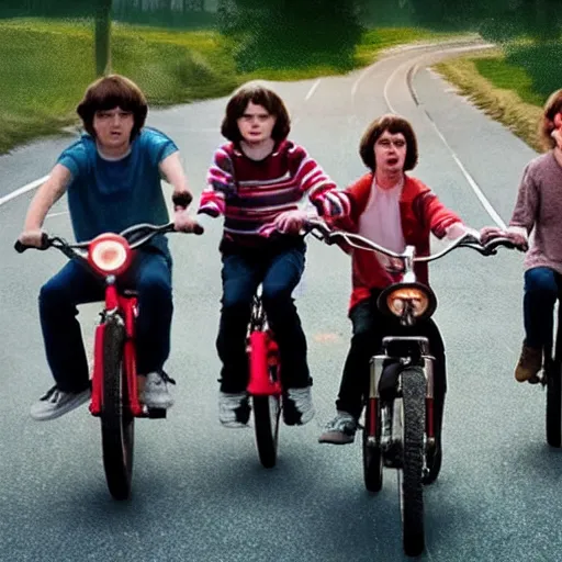 Image similar to stranger things four friends riding their bike encounter a demogorgon