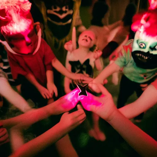 Image similar to satanic ritual at childs birthday party, photography, realism, cinematic