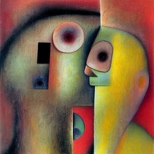 Image similar to Oil painting by Roberto Matta. Strange mechanical beings kissing. Close-up portrait by Lisa Yuskavage. Paul Klee.