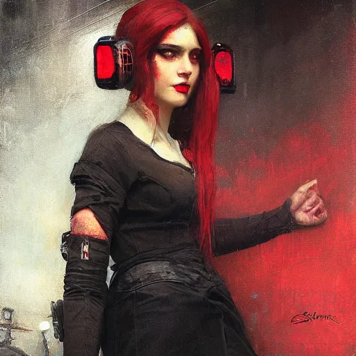 Image similar to Solomon Joseph Solomon and Richard Schmid and Jeremy Lipking victorian genre painting portrait painting of a young beautiful woman retro noir cyberpunk future hacker punk rock in fantasy costume, red background