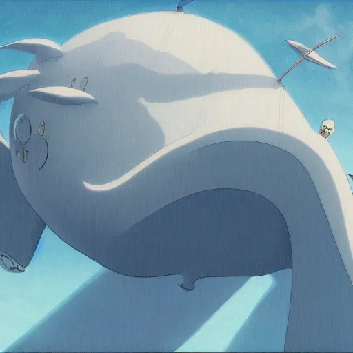 Prompt: huge white space whale, Miyazaki style, Studio Ghibli,moving castle, canvas, oil, animation, ultra details