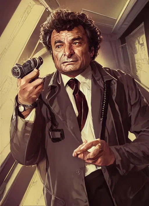 Image similar to Peter Falk as Columbo as a Ghostbuster, intricate, elegant, highly detailed, centered, digital painting, artstation, concept art, smooth, sharp focus, illustration, artgerm, donato giancola, Joseph Christian Leyendecker, WLOP, Artgerm