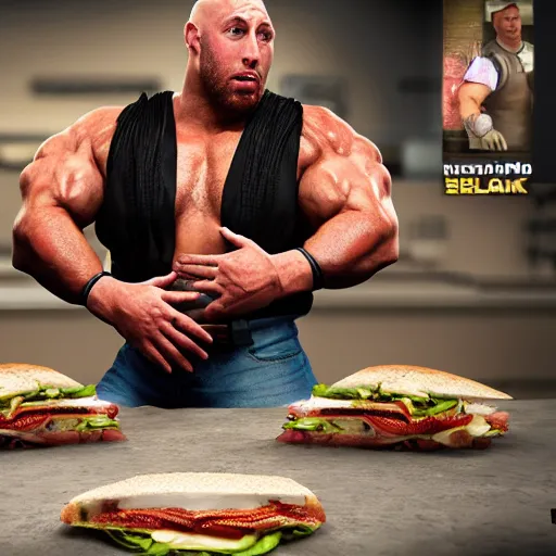 Image similar to Ryback turned himself into a sandwich, hyperrealistic, photorealistic, 4k, ultra hd, award-winning, rendered in octane, rendered in unreal engine