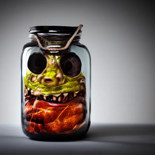 Image similar to Evil monster in a jar, product photography, centered, studio lightning