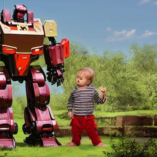 Image similar to giant oversized battle robot mech as giant baby on a village