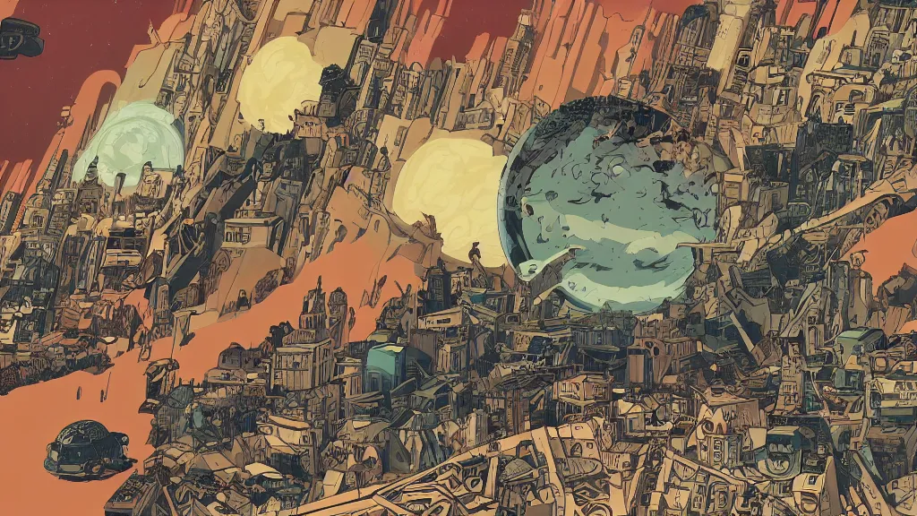 Prompt: very detailed, prophet graphic novel, ilya kuvshinov, mcbess, rutkowski, simon roy, illustration of a dead planet, view from space, wide shot, colorful, deep shadows,