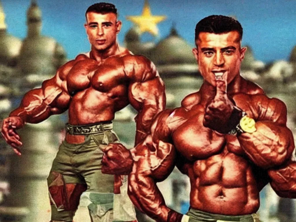 Prompt: vintage 90s VHS video still of a muscular soldier promoting Mecca, retro TV, noise