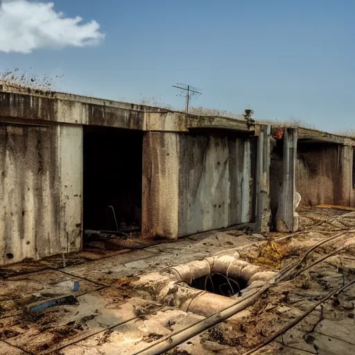 Prompt: deep underground bunker, flooded, dirty water, dense rusty pipes network, dense cables network, mold