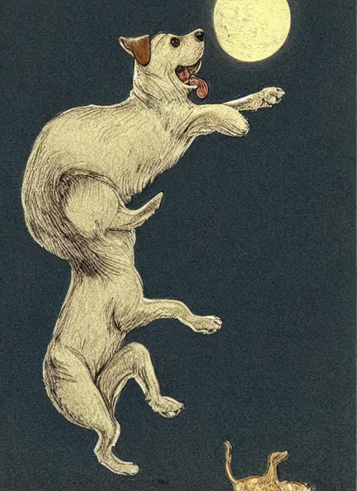 Image similar to jack russel dog howling at the moon, illustrated by peggy fortnum and beatrix potter and sir john tenniel