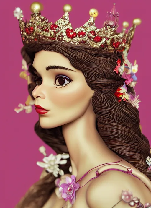 Image similar to closeup face profile portrait of tin toy lena olin as a fairytale princess wearing a crown eating cakes, bikini, depth of field, zeiss lens, detailed, symmetrical, centered, fashion photoshoot, by nicoletta ceccoli, mark ryden, lostfish, breathtaking, 8 k resolution, extremely detailed, beautiful, establishing shot, artistic, hyperrealistic, octane render