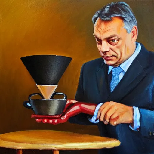 Prompt: viktor orban making v 6 0 coffee, oil painting