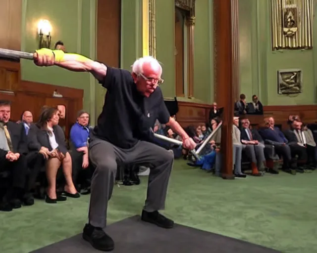 Image similar to bernie sanders deadlifting 200lb barbells in senate chambers during filibuster