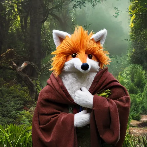 Image similar to photorealistic real life foxfolk wizard druid as a very fancy and very adorable and lovable furry muppet plush wearing a fancy elven cloak and holding a sentient scimitar, photography, national geographic, sesame street