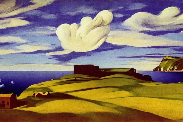 Image similar to dramatic landscape of donegal ireland after the storm, sea is shimmering in the sun, mammatus clouds and lenticular clouds, by edward hopper giorgio de chirico, eyvind earle