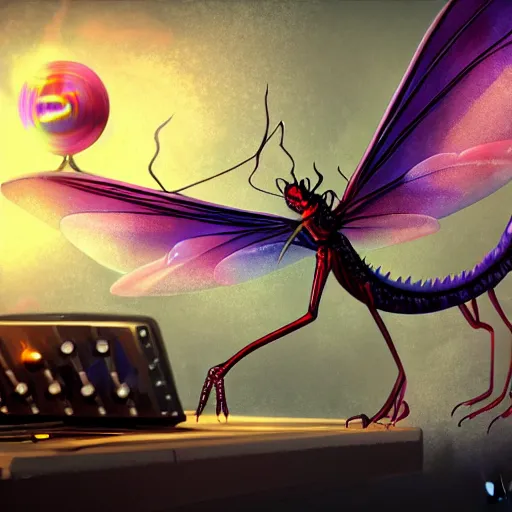 Image similar to a magical Dragon fly as a Dj by aquaxio, trending on art station