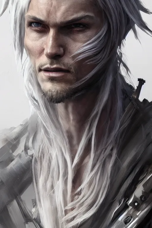 Image similar to a portrait of a toned male half human half mechanical with long white hair and with joints with visible joints by greg rutkowski, sung choi, mitchell mohrhauser, maciej kuciara, johnson ting, maxim verehin, peter konig, bloodborne, 8 k photorealistic, cinematic lighting, hd, high details, dramatic, dark atmosphere, trending on artstation