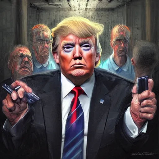 Prompt: head and shoulders masterpiece portrait of a donald trump in a prison riot, surreal background, digital art by krenz cushart, trending on artstation, cgsociety,