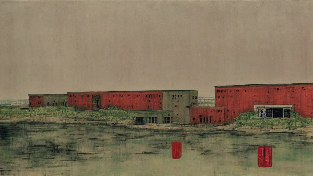 Image similar to a chinese prison near a river by peter doig, muted colors