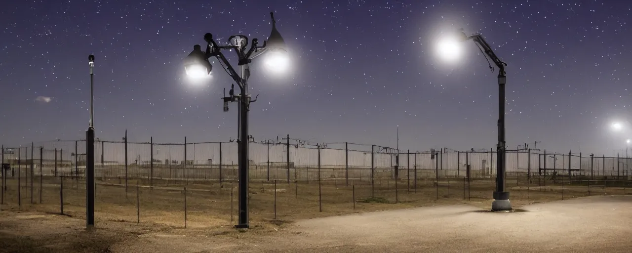 Image similar to military industrial complex, night, spotlights, watchtower, hangers, fences