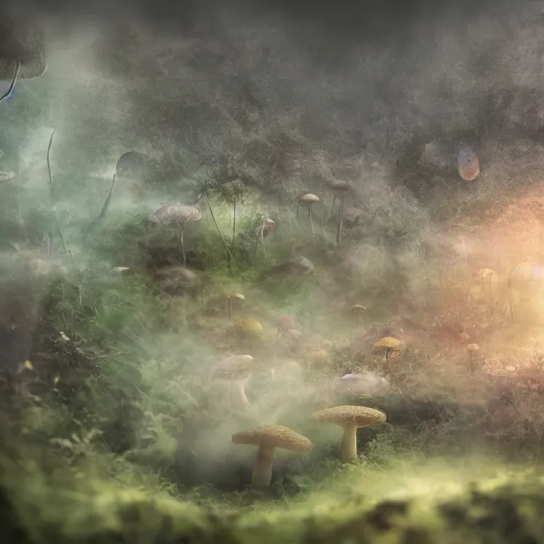 Image similar to a planet of various fungus, mushrooms and plants, inside the picture is infinity, Atmospheric phenomenon, artistic photography, muted colors, conceptual, long exposure outside the city, volumetric light