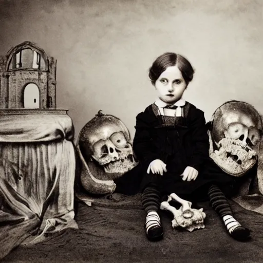 Image similar to a photo of young sad victorian gothic child with big eyes and wide grin sitting on a sofa of bones surrounded by a cyber futuristic cityscape made of human body parts, lighting, 5 0 mm, perfect faces