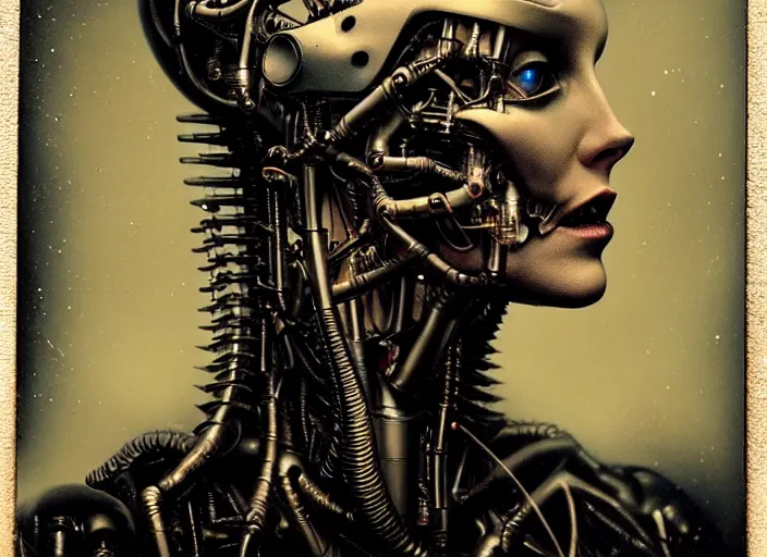 Image similar to a female cyborg profile face, by h. r. giger, by ismail inceoglu, by kiki smith, glamor shot, ambrotype, closeup, f / 2. 8, low contrast, 1 6 k, rim lighting, cinematic lighting, insanely detailed and intricate, hypermaximalist, elegant, ornate, hyper realistic, super detailed