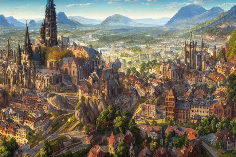 Image similar to an ultra detailed matte landscape painting of an german renaissance capital city built into the side of a mountain with many tall spirally towers, sweeping vista, german renaissance architecture, ultrawide lens, aerial photography, 8 k, volumetric lighting, smooth, highly detailed, digital illustration, art by greg rutkowski and akira toriyama and artgerm, pixv