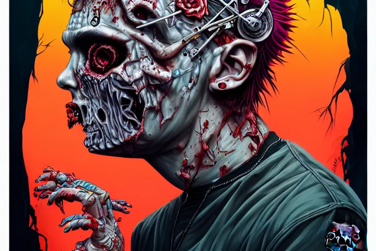 Image similar to zombie punk guitarist with a mohawk, tristan eaton, victo ngai, artgerm, rhads, ross draws, intricated details, 3 / 4 view, full body portrait