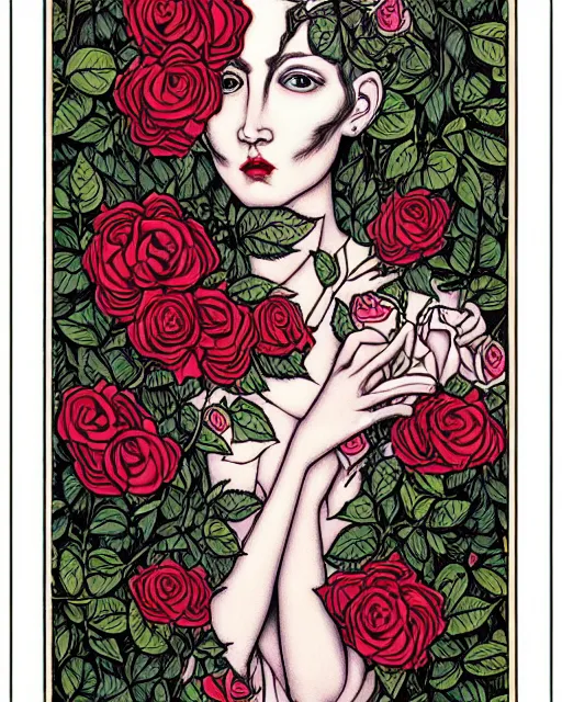 Prompt: lady overgrown with roses tarot card by james jean, masterpiece, intricate, very detailed, realistic eyes, abstract, vivid, aesthetic