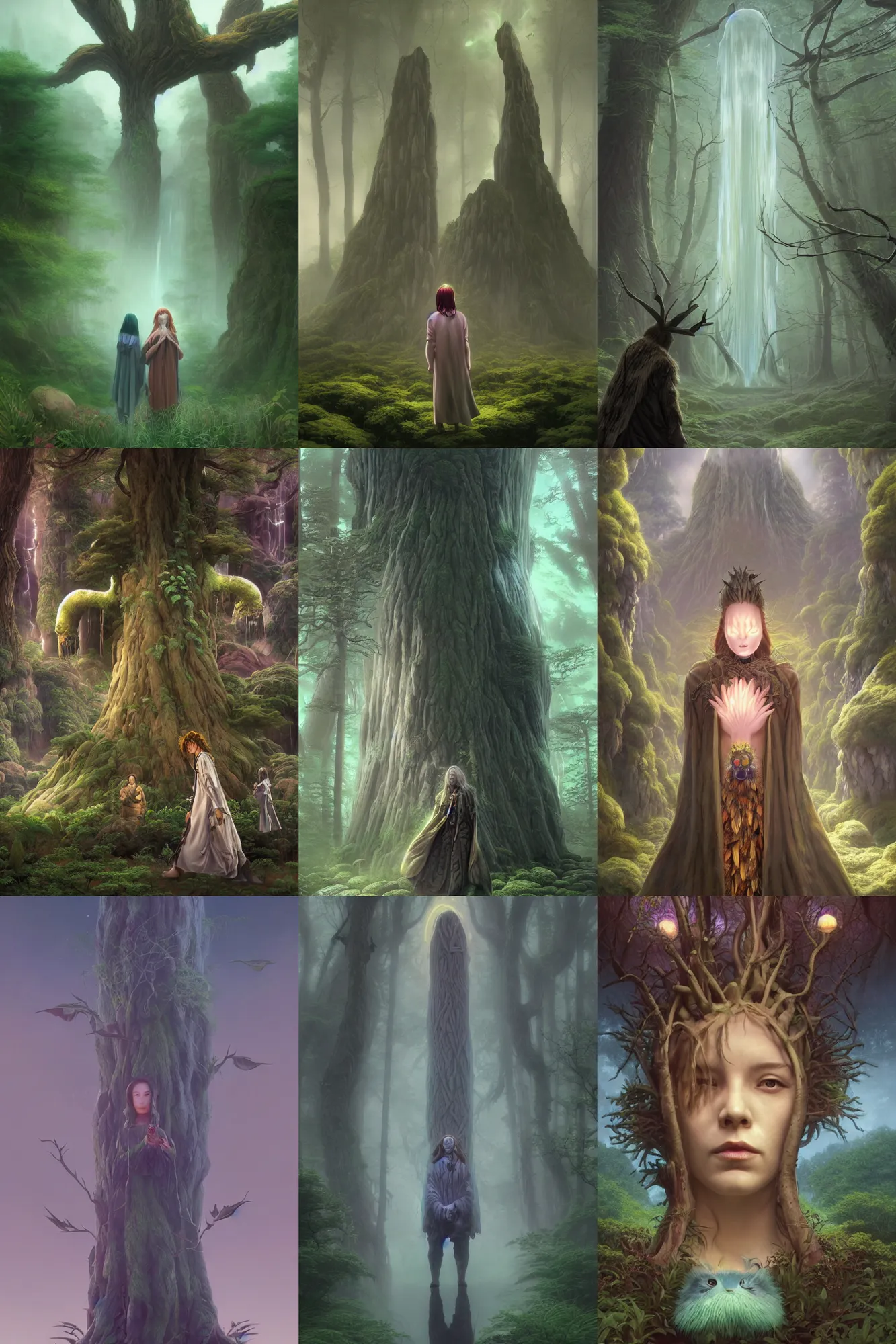 Prompt: Nature druid, monolith character portrait, Twin Peaks Movie poster, artwork by Chiho Aoshima, Donato Giancola, Craig Mullins, a Rendering of a cinematic beautiful closeup moment of friends saying goodbye, Pensive Lonely mournful, full of details, Matte painting, trending on artstation and unreal engine