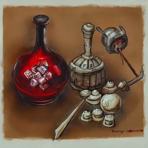 Prompt: painting of one health potion, red liquid, fantasy, concept art, sketch, glass, brown paper, dungeons and dragons, by tony diterlizzi, trending on artstation