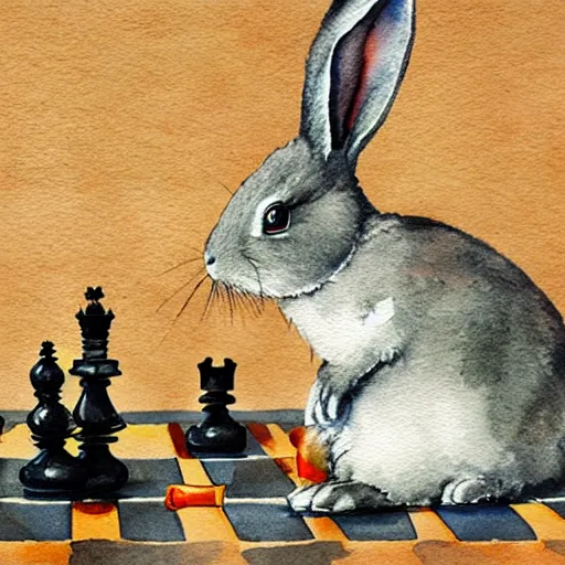 Image similar to a rabbit playing chess, seen from the opponents point of view, watercolour realism