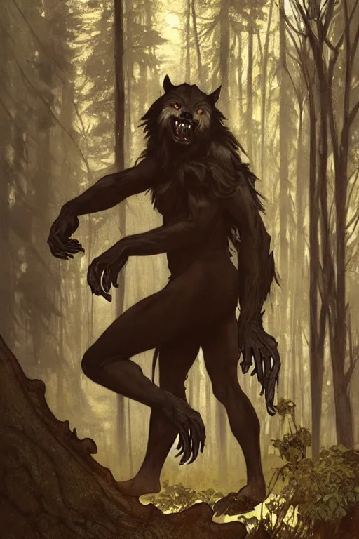 Image similar to fullbody portrait of a male werewolf, bared teeth, long claws, by greg rutkowski and alphonse mucha, gradient brown to silver, in front of a forest at night background, highly detailed, digital painting, artstation, concept art, smooth, sharp focus illustration