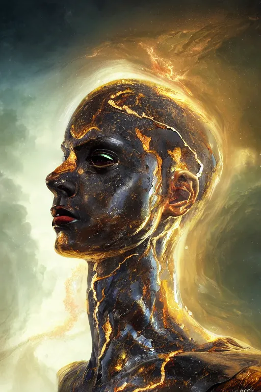 Prompt: fantasy character concept portrait, digital painting, wallpaper of a cracked mannequin with skin of obsidian, with veins of magma and gold, renaissance nimbus overhead, by aleksi briclot, by laura zalenga, by alexander holllow fedosav, 8 k dop dof hdr, vibrant