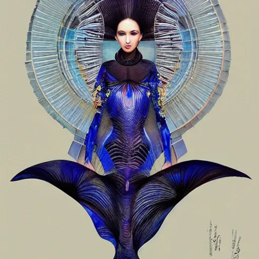 Prompt: a beautiful arabian woman wearing a futuristic dress by alexander mcqueen, thom browne, karol bak, ayami kojima, artgerm, arabian beauty, blue eyes, smile, futuristic, organic dress, pattern, concept art, fantasy