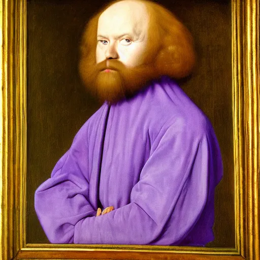 Image similar to A portrait of Barney by Jan Van Eyck, purple and yellow color palette
